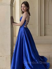 A-Line/Princess V-neck Sweep Train Satin Corset Prom Dresses With Pockets Gowns, Formal Dress Wedding