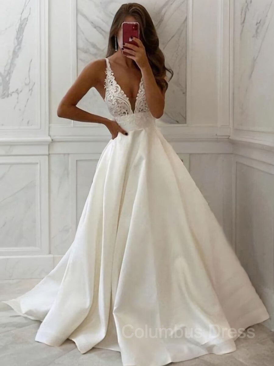 A-Line/Princess V-neck Sweep Train Satin Corset Wedding Dresses outfit, Wedding Dress With Long Sleeves