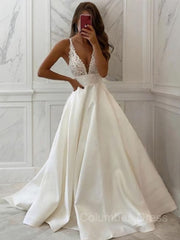 A-Line/Princess V-neck Sweep Train Satin Corset Wedding Dresses outfit, Wedding Dress With Long Sleeves