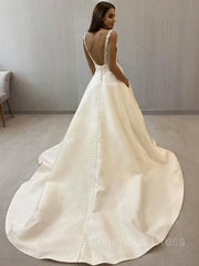 A-Line/Princess V-neck Sweep Train Satin Corset Wedding Dresses outfit, Wedding Dresses Under 207