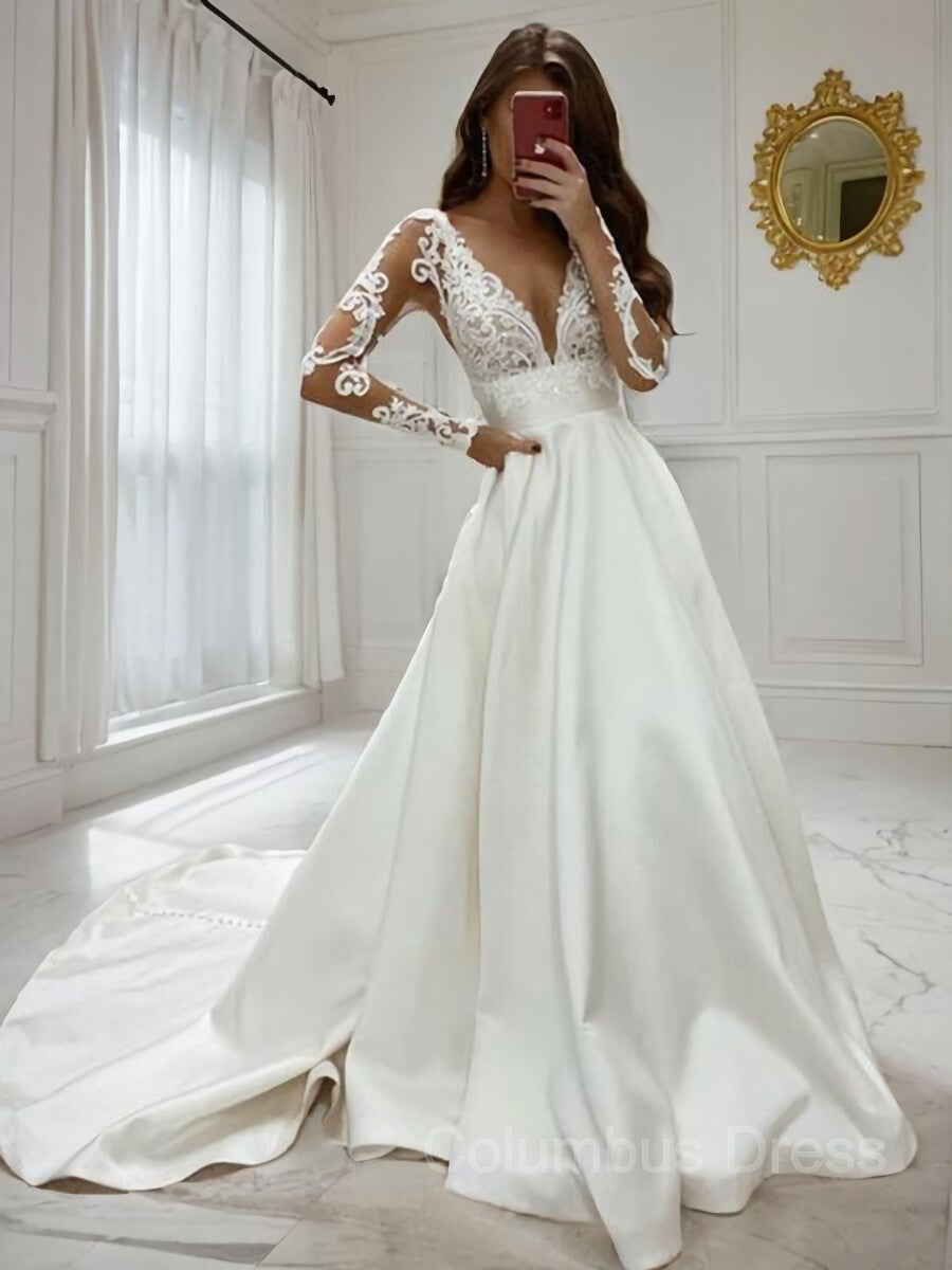 A-Line/Princess V-neck Sweep Train Satin Corset Wedding Dresses outfit, Wedding Dresse Long Sleeve
