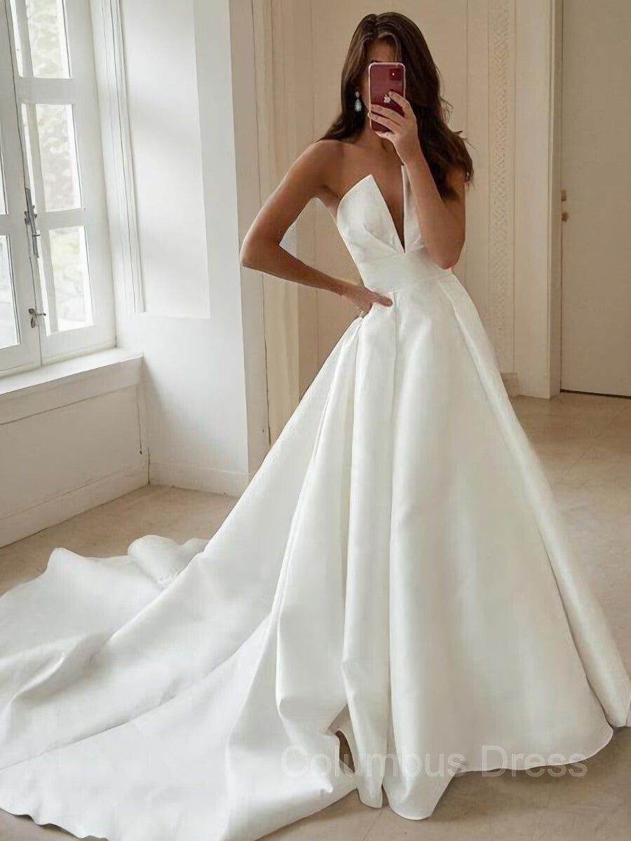 A-Line/Princess V-neck Sweep Train Satin Corset Wedding Dresses outfit, Wedding Dress Budget