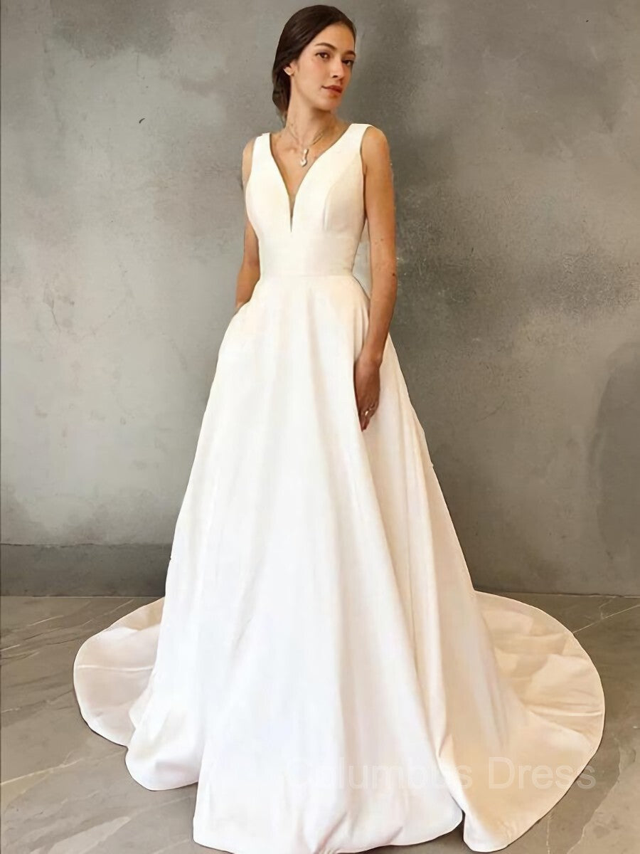 A-Line/Princess V-neck Sweep Train Satin Corset Wedding Dresses outfit, Wedding Dress For Large Bust