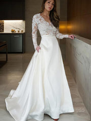 A-Line/Princess V-neck Sweep Train Satin Corset Wedding Dresses With Appliques Lace outfit, Wedding Dresses Fit