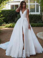 A-Line/Princess V-neck Sweep Train Satin Corset Wedding Dresses With Leg Slit outfit, Wedding Dress Romantic