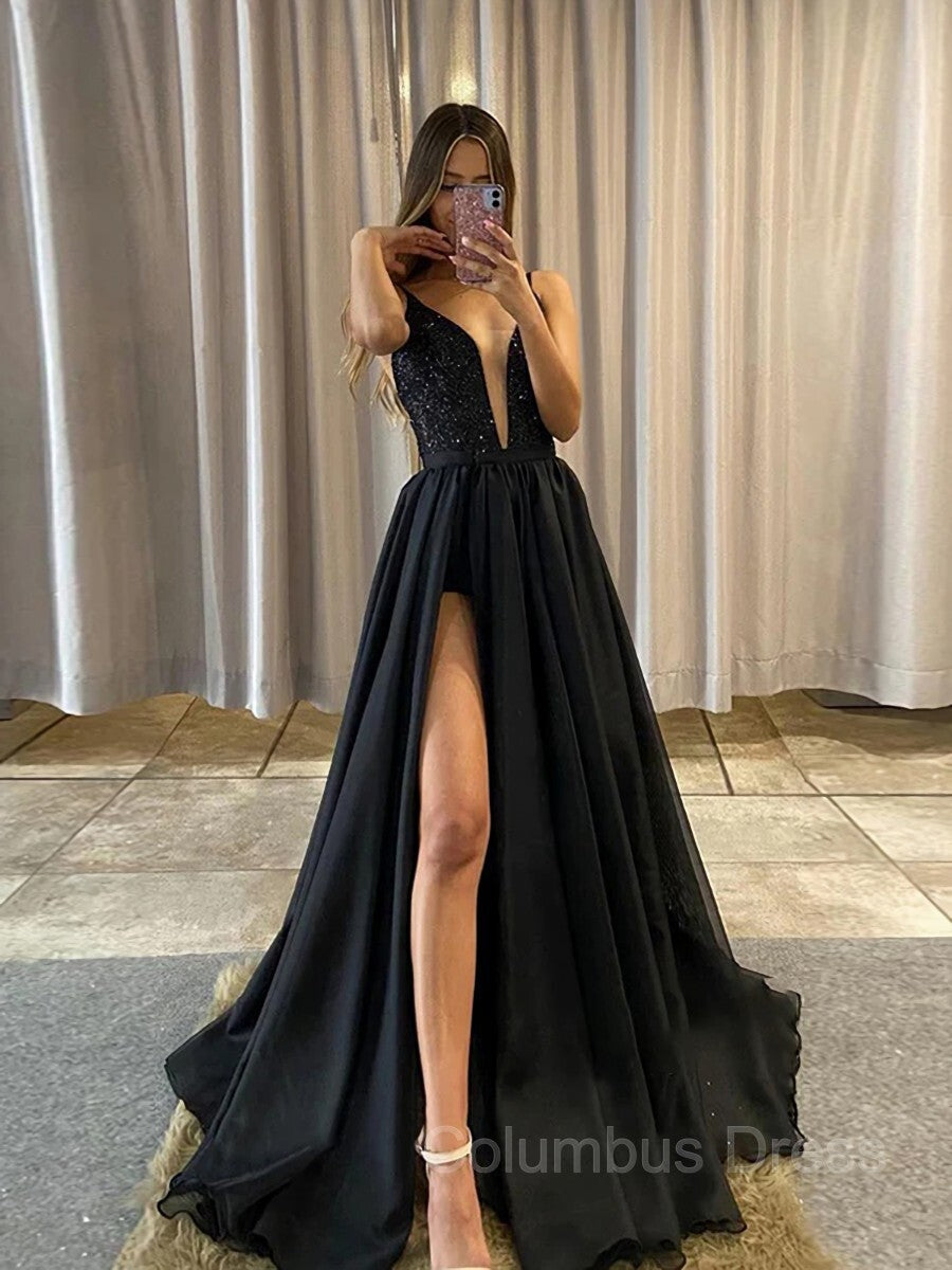 A-Line/Princess V-neck Sweep Train Sequins Corset Prom Dresses With Leg Slit outfit, Party Dress Near Me