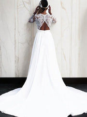 A-Line/Princess V-neck Sweep Train Stretch Crepe Corset Wedding Dresses outfit, Wedding Dress Sleeve