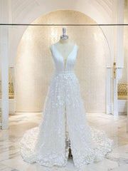 A-Line/Princess V-neck Sweep Train Stretch Crepe Corset Wedding Dresses With Leg Slit outfit, Wedding Dresses For Bride