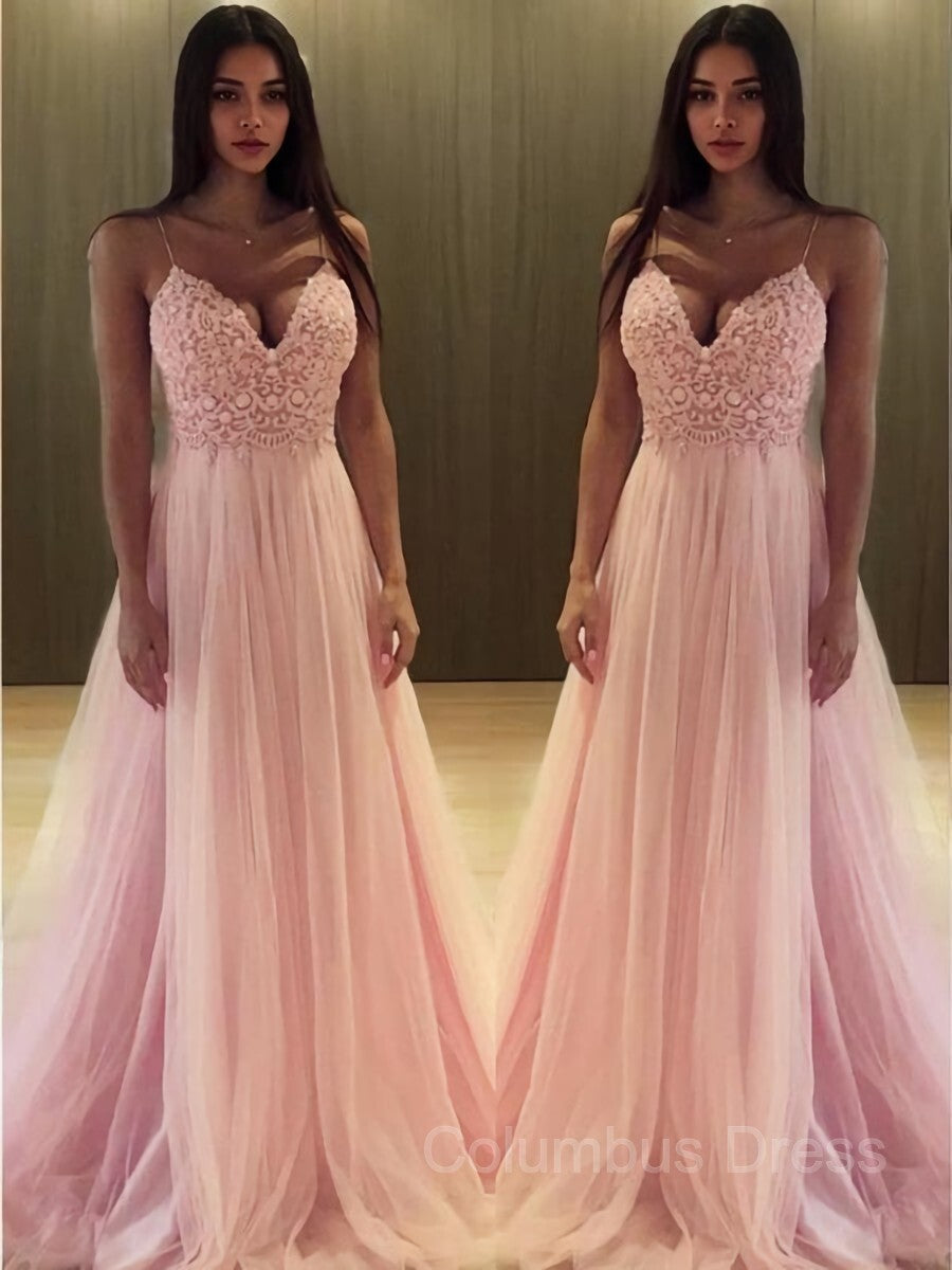 A-Line/Princess V-neck Sweep Train Tulle Corset Prom Dresses outfit, Prom Dress Places