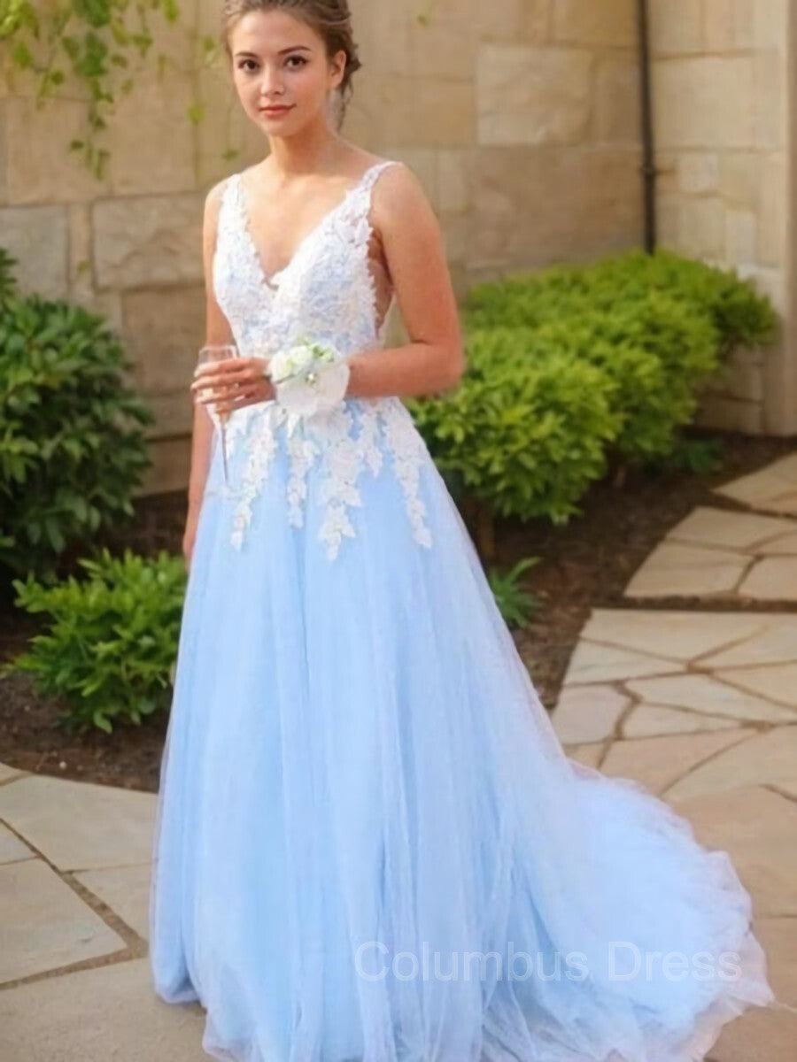 A-Line/Princess V-neck Sweep Train Tulle Corset Prom Dresses With Appliques Lace outfit, Party Dresse Idea