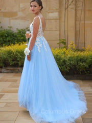 A-Line/Princess V-neck Sweep Train Tulle Corset Prom Dresses With Appliques Lace outfit, Party Dresses Idea