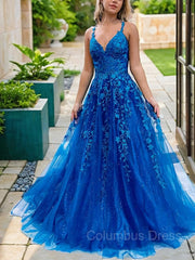 A-Line/Princess V-neck Sweep Train Tulle Corset Prom Dresses With Appliques Lace outfit, Party Dress Sales