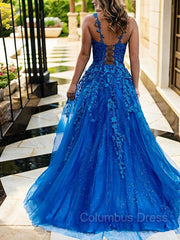 A-Line/Princess V-neck Sweep Train Tulle Corset Prom Dresses With Appliques Lace outfit, Party Dresses Sale