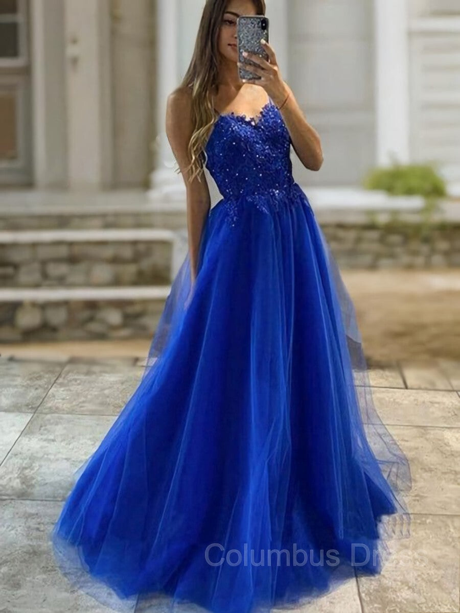 A-Line/Princess V-neck Sweep Train Tulle Corset Prom Dresses With Appliques Lace outfit, Prom Dress 2047