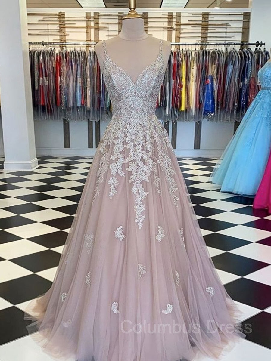 A-Line/Princess V-neck Sweep Train Tulle Corset Prom Dresses With Appliques Lace outfit, Satin Dress