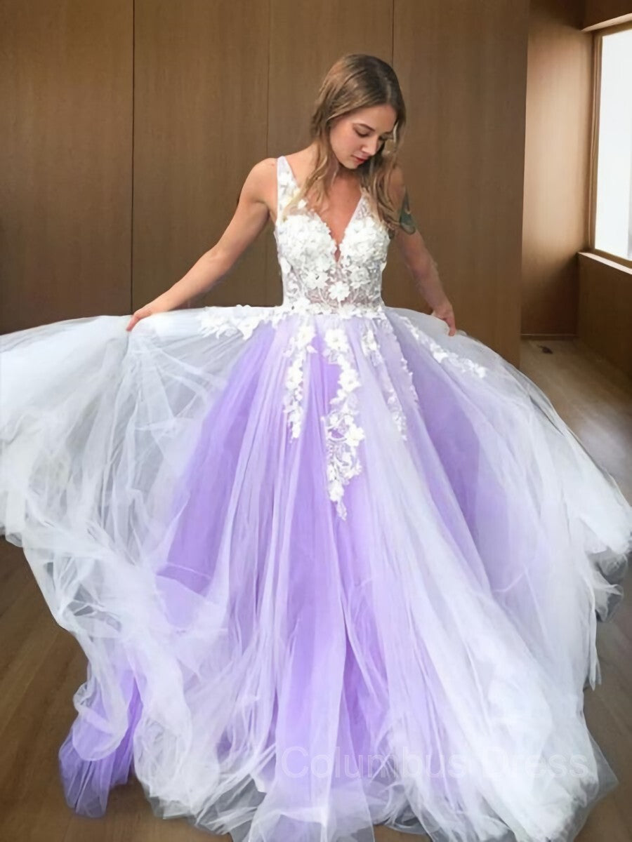 A-Line/Princess V-neck Sweep Train Tulle Corset Prom Dresses With Appliques Lace outfit, Homecoming Dress