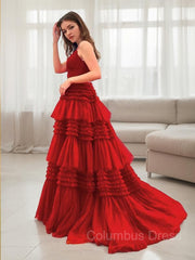 A-Line/Princess V-neck Sweep Train Tulle Corset Prom Dresses With Leg Slit outfit, Dress Design