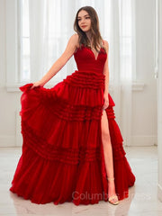 A-Line/Princess V-neck Sweep Train Tulle Corset Prom Dresses With Leg Slit outfit, Couture Gown