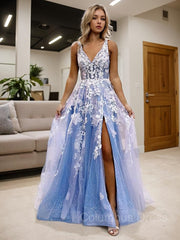 A-Line/Princess V-neck Sweep Train Tulle Corset Prom Dresses With Leg Slit outfit, Prom Inspo
