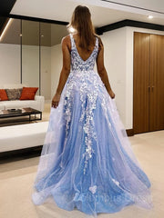 A-Line/Princess V-neck Sweep Train Tulle Corset Prom Dresses With Leg Slit outfit, Debutant Dress