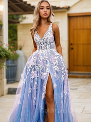 A-Line/Princess V-neck Sweep Train Tulle Corset Prom Dresses With Leg Slit outfit, Royal Dress