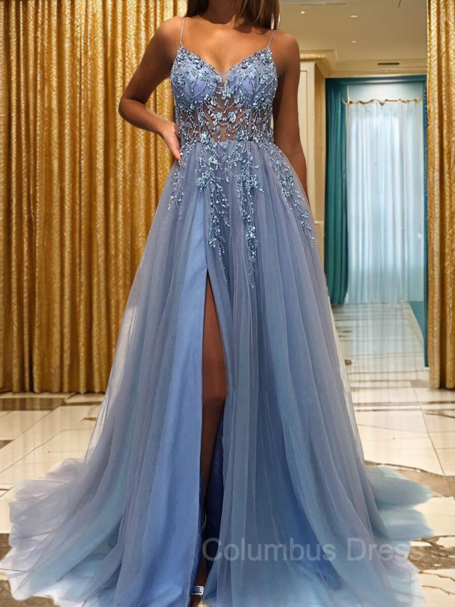 A-Line/Princess V-neck Sweep Train Tulle Corset Prom Dresses With Leg Slit outfit, Party Dress Style