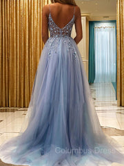 A-Line/Princess V-neck Sweep Train Tulle Corset Prom Dresses With Leg Slit outfit, Party Dresses Style