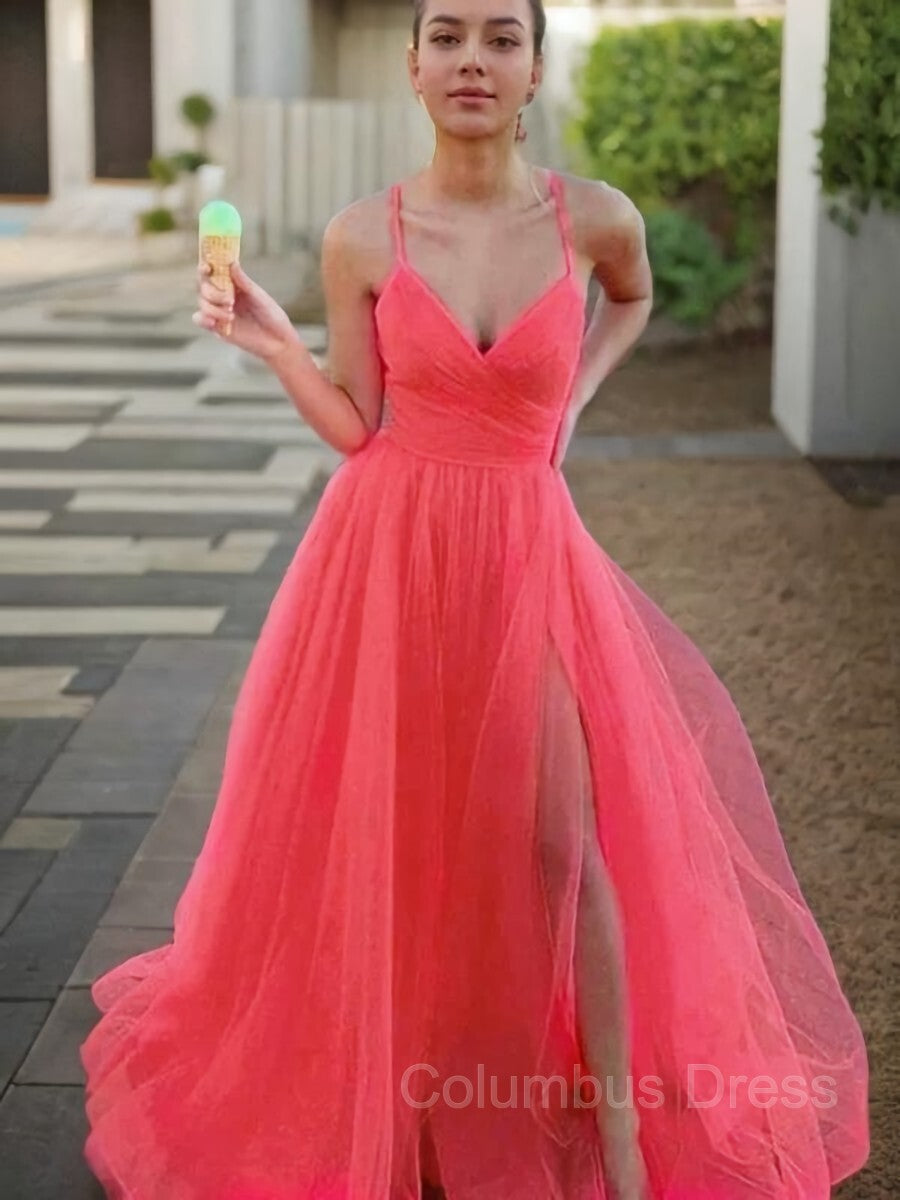 A-Line/Princess V-neck Sweep Train Tulle Corset Prom Dresses With Leg Slit outfit, Gold Prom Dress