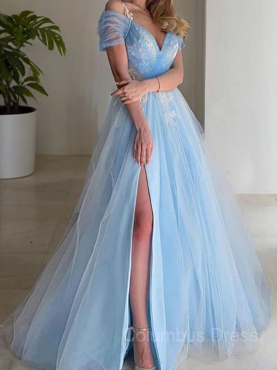 A-Line/Princess V-neck Sweep Train Tulle Corset Prom Dresses With Leg Slit outfit, Purple Prom Dress