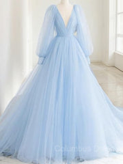 A-Line/Princess V-neck Sweep Train Tulle Corset Prom Dresses With Ruffles Gowns, Party Dress Casual
