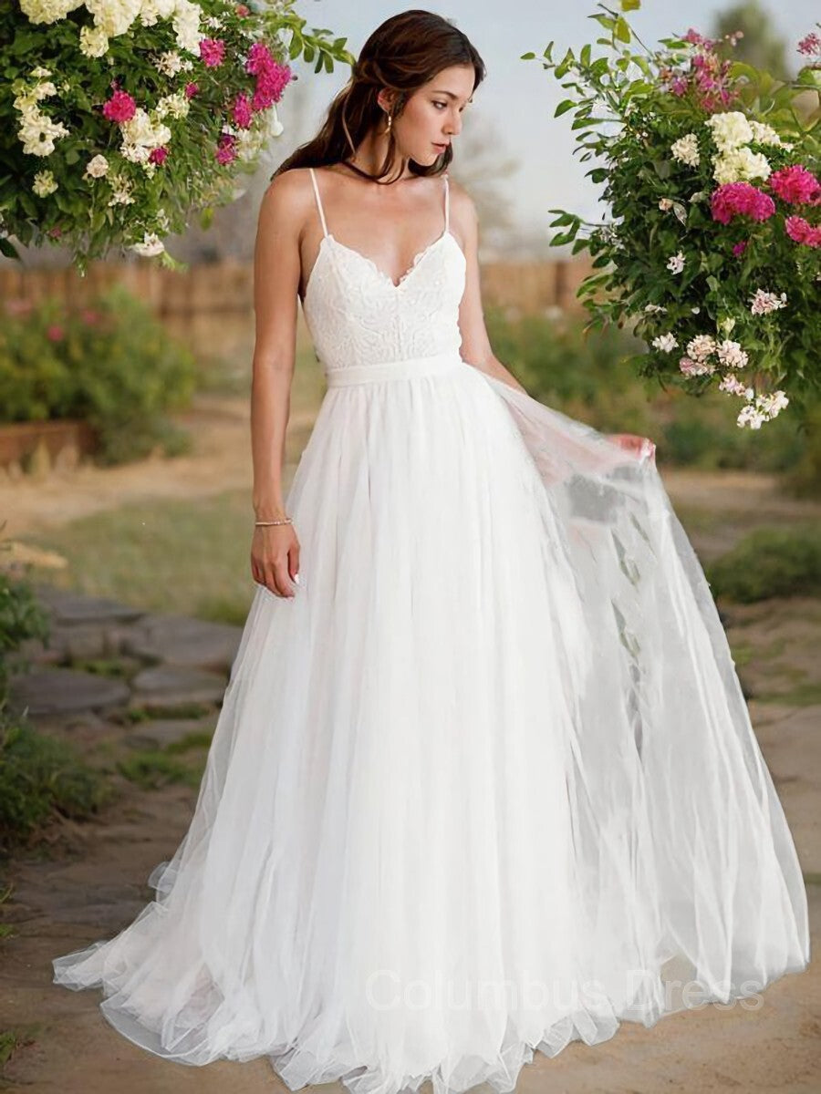 A-Line/Princess V-neck Sweep Train Tulle Corset Wedding Dresses outfit, Wedding Dress Customization