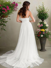 A-Line/Princess V-neck Sweep Train Tulle Corset Wedding Dresses outfit, Wedding Dresses Modern