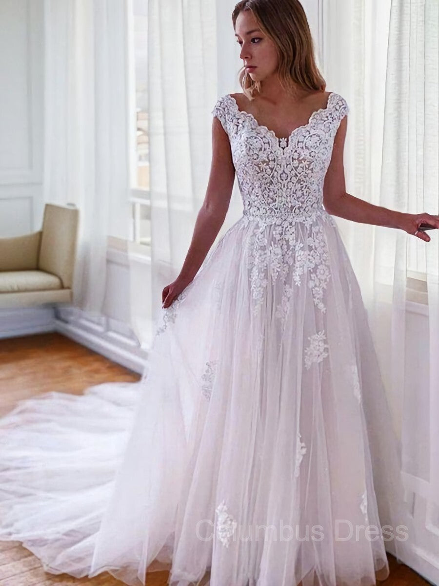A-Line/Princess V-neck Sweep Train Tulle Corset Wedding Dresses outfit, Wedding Dress Shop