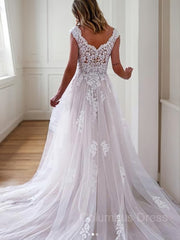 A-Line/Princess V-neck Sweep Train Tulle Corset Wedding Dresses outfit, Wedding Dresses Cheap