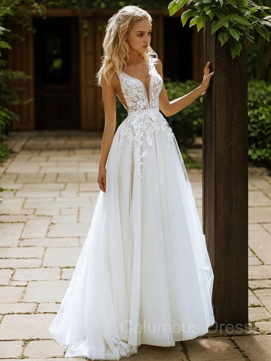 A-Line/Princess V-neck Sweep Train Tulle Corset Wedding Dresses outfit, Wedding Dress Gowns