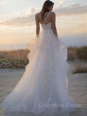 A-Line/Princess V-neck Sweep Train Tulle Corset Wedding Dresses outfit, Wedding Dress Unique