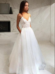 A-Line/Princess V-neck Floor-Length Tulle Corset Wedding Dresses outfit, Wedding Dresses Short Bride
