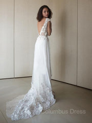 A-Line/Princess V-neck Sweep Train Tulle Corset Wedding Dresses With Appliques Lace outfit, Wedding Dresses Vintage Style