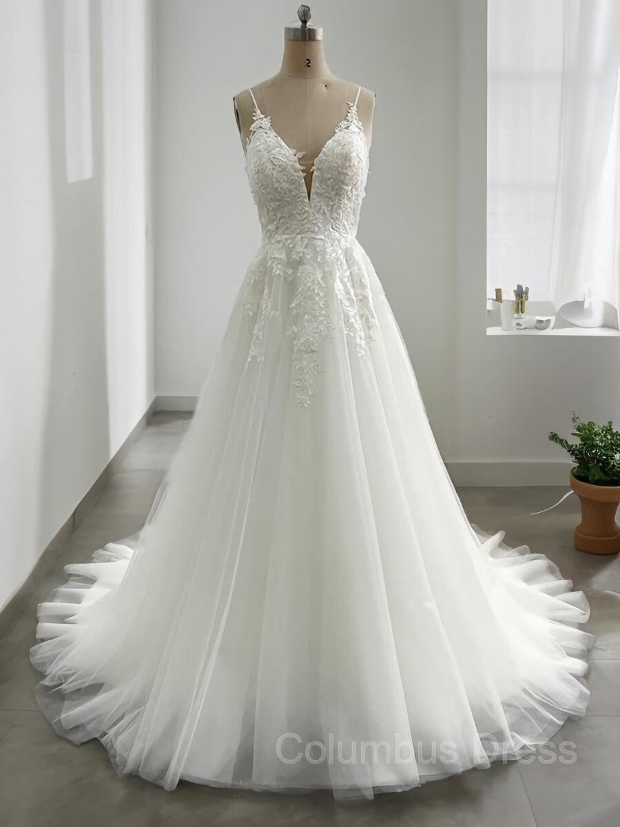 A-Line/Princess V-neck Sweep Train Tulle Corset Wedding Dresses With Appliques Lace outfit, Wedding Dress Backless