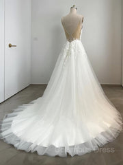 A-Line/Princess V-neck Sweep Train Tulle Corset Wedding Dresses With Appliques Lace outfit, Wedding Dresses Backless