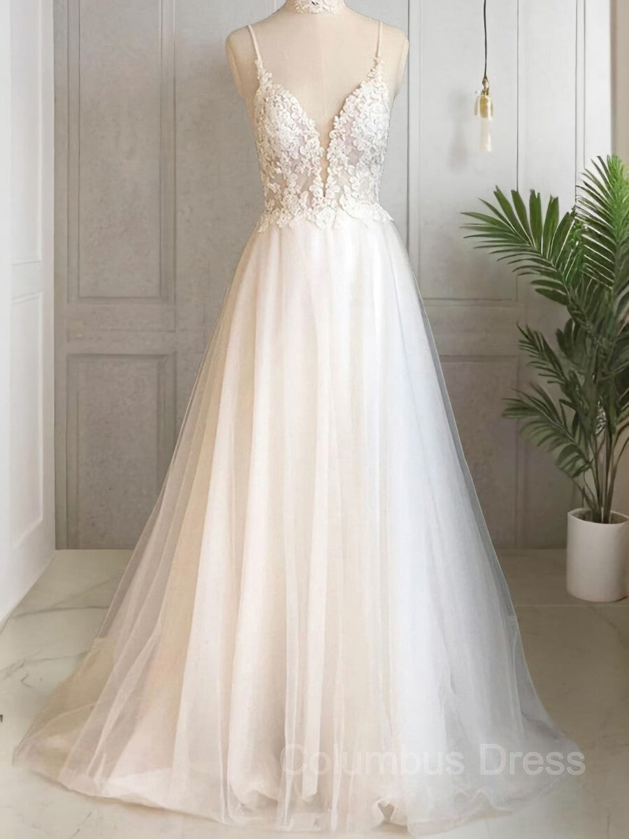 A-Line/Princess V-neck Sweep Train Tulle Corset Wedding Dresses With Appliques Lace outfit, Wedding Dress 2029