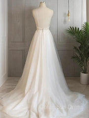 A-Line/Princess V-neck Sweep Train Tulle Corset Wedding Dresses With Appliques Lace outfit, Wedding Dresses Elegant