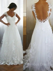 A-Line/Princess V-neck Sweep Train Tulle Corset Wedding Dresses With Appliques Lace outfit, Weddings Dresses For The Beach