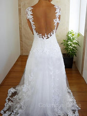A-Line/Princess V-neck Sweep Train Tulle Corset Wedding Dresses With Appliques Lace outfit, Wedding Dresses Shoulder