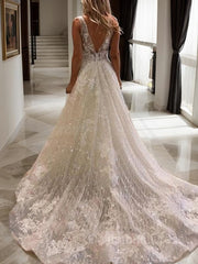 A-Line/Princess V-neck Sweep Train Tulle Corset Wedding Dresses With Appliques Lace outfit, Wedding Dress Classy Elegant