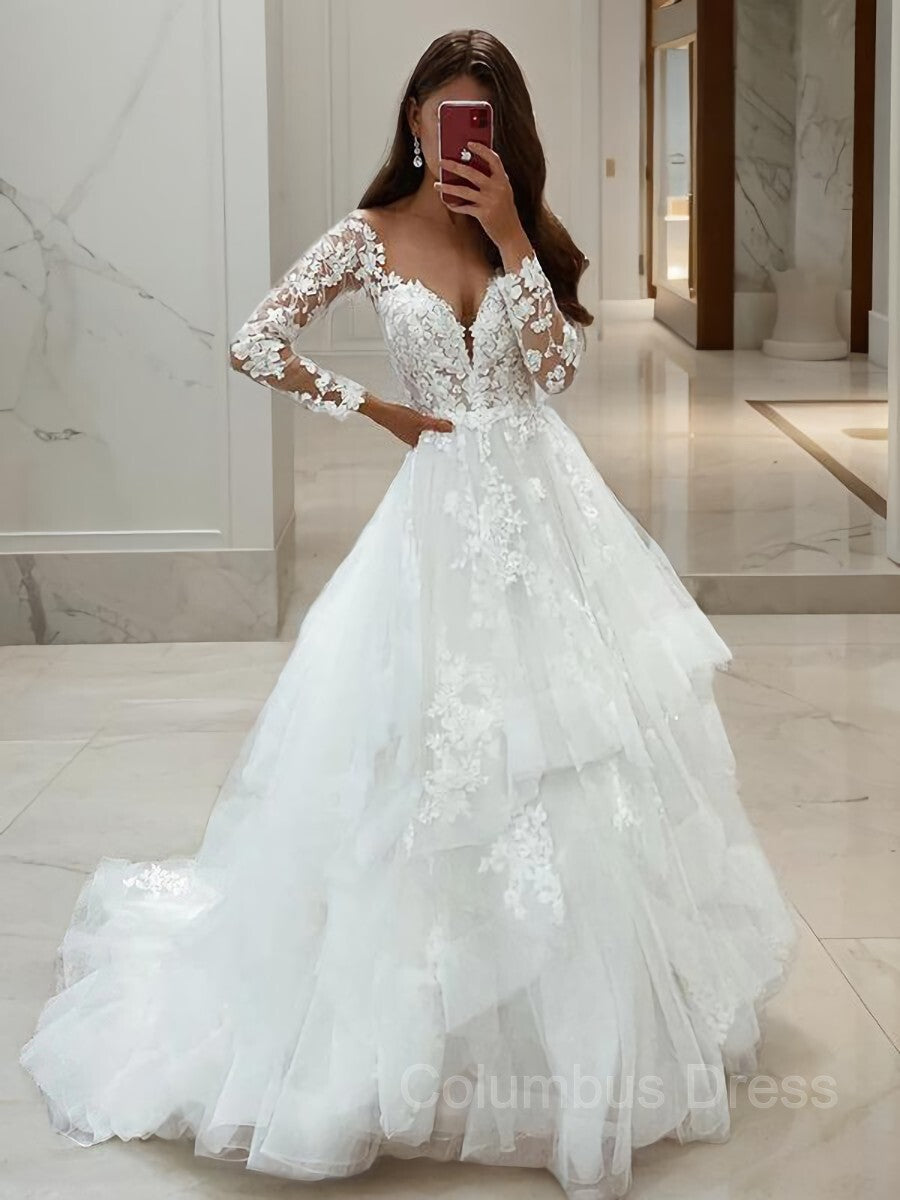 A-Line/Princess V-neck Sweep Train Tulle Corset Wedding Dresses With Appliques Lace outfit, Wedding Dresses Winter