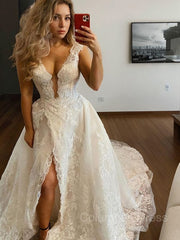 A-Line/Princess V-neck Sweep Train Tulle Corset Wedding Dresses With Leg Slit outfit, Wedding Dress Satin