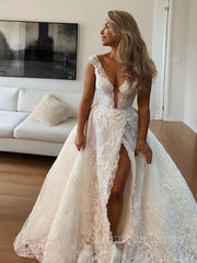 A-Line/Princess V-neck Sweep Train Tulle Corset Wedding Dresses With Leg Slit outfit, Wedding Dresses Princess