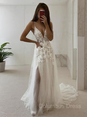 A-Line/Princess V-neck Court Train Tulle Corset Wedding Dresses With Leg Slit outfit, Wedding Dress Boutique