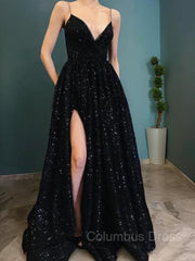 A-Line/Princess V-neck Sweep Train Velvet Sequins Corset Prom Dresses With Leg Slit outfit, Prom Dresses Sweetheart